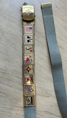 VTG Boy Scouts of America (BSA) Canvas Belt Brass Buckle Green Gold Merit Badges
